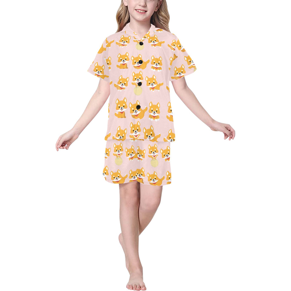 Cute shiba inu dog pattern Kids' Boys' Girls' V-Neck Short Pajama Set