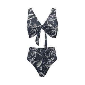 Piano Pattern Print Design 02 Chest Bowknot High Waisted Bikini Swimsuit