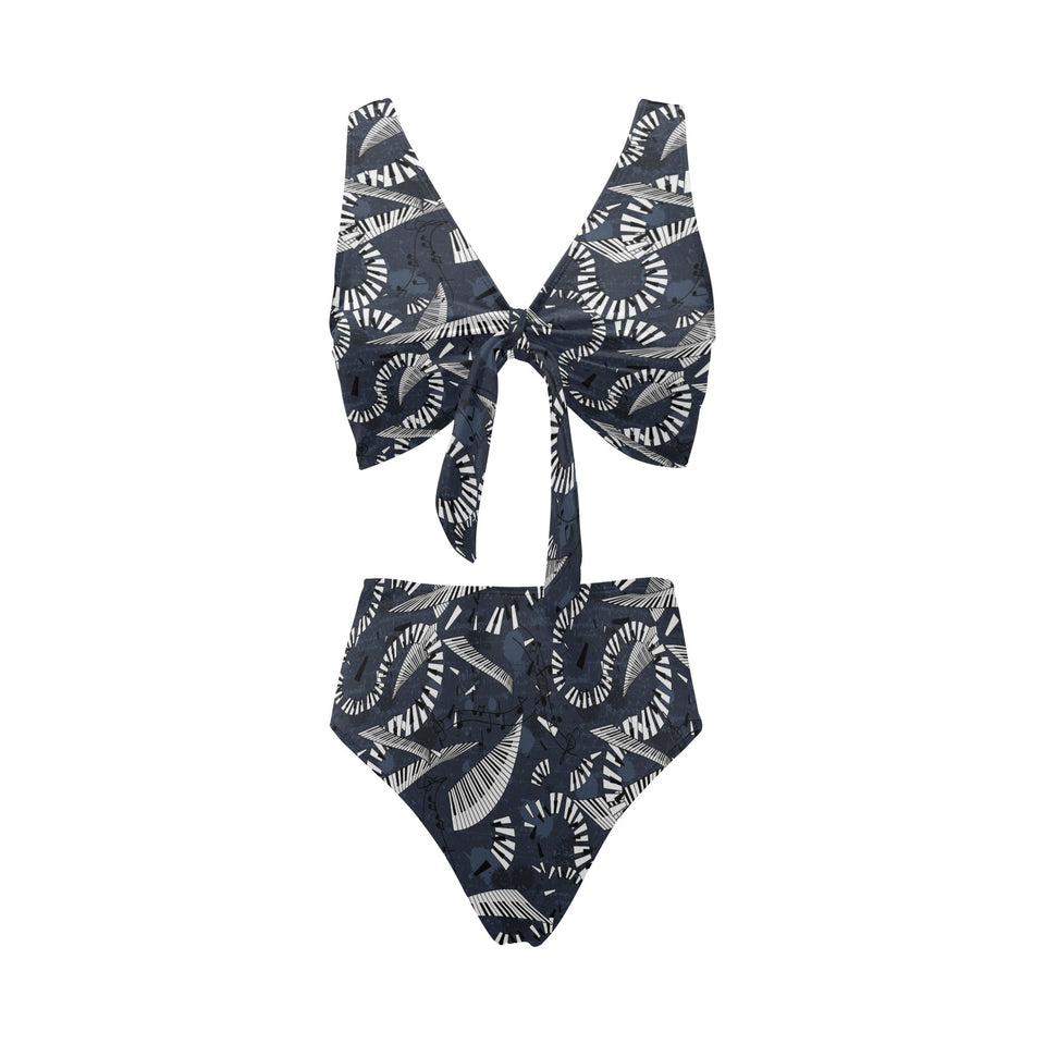 Piano Pattern Print Design 02 Chest Bowknot High Waisted Bikini Swimsuit