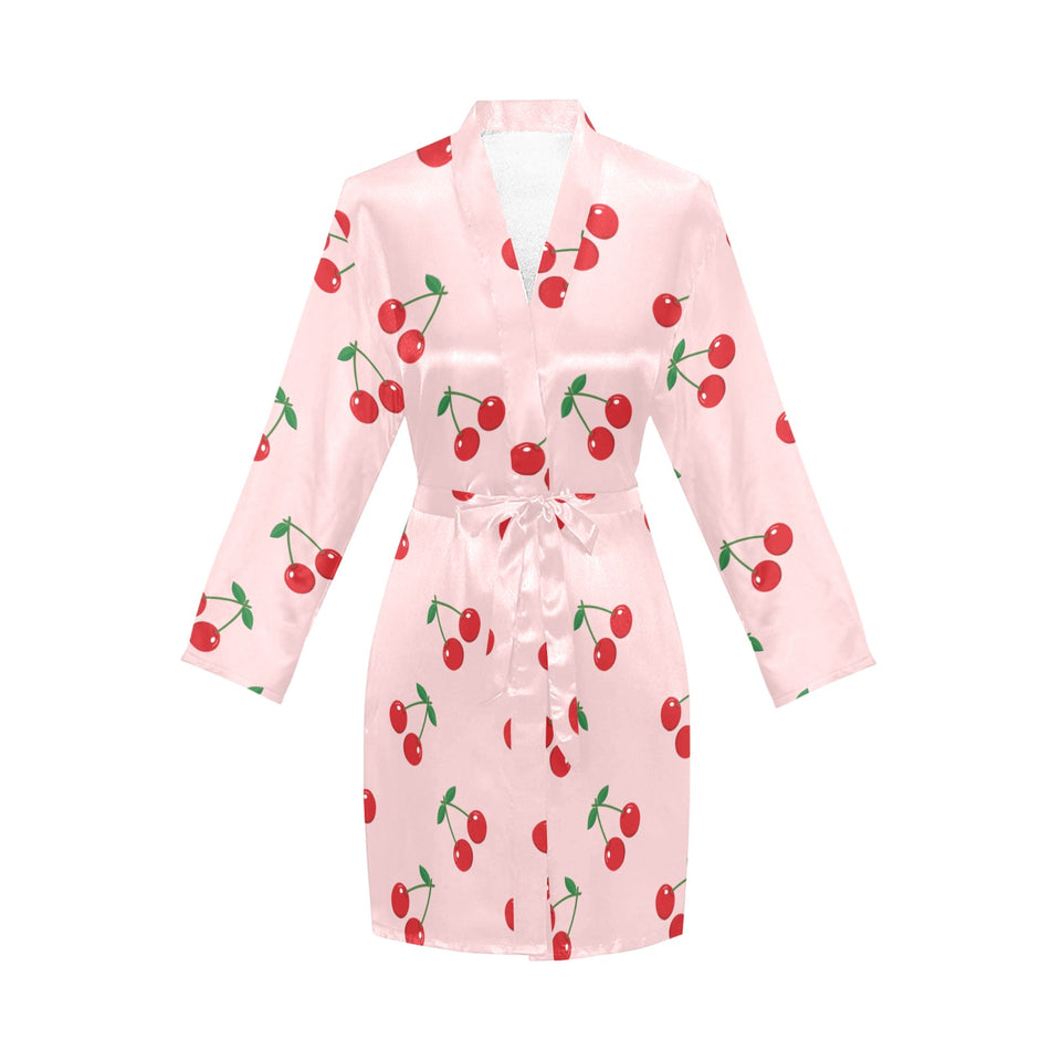 cherry pattern pink background Women's Long Sleeve Belted Night Robe
