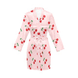 cherry pattern pink background Women's Long Sleeve Belted Night Robe