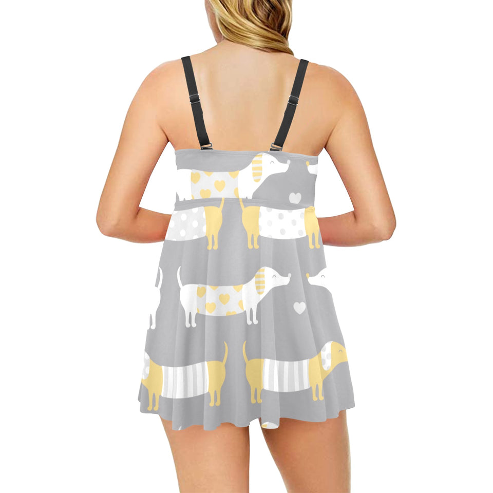 Cute dachshund dog pattern Chest Sexy Pleated Two Piece Swim Dress