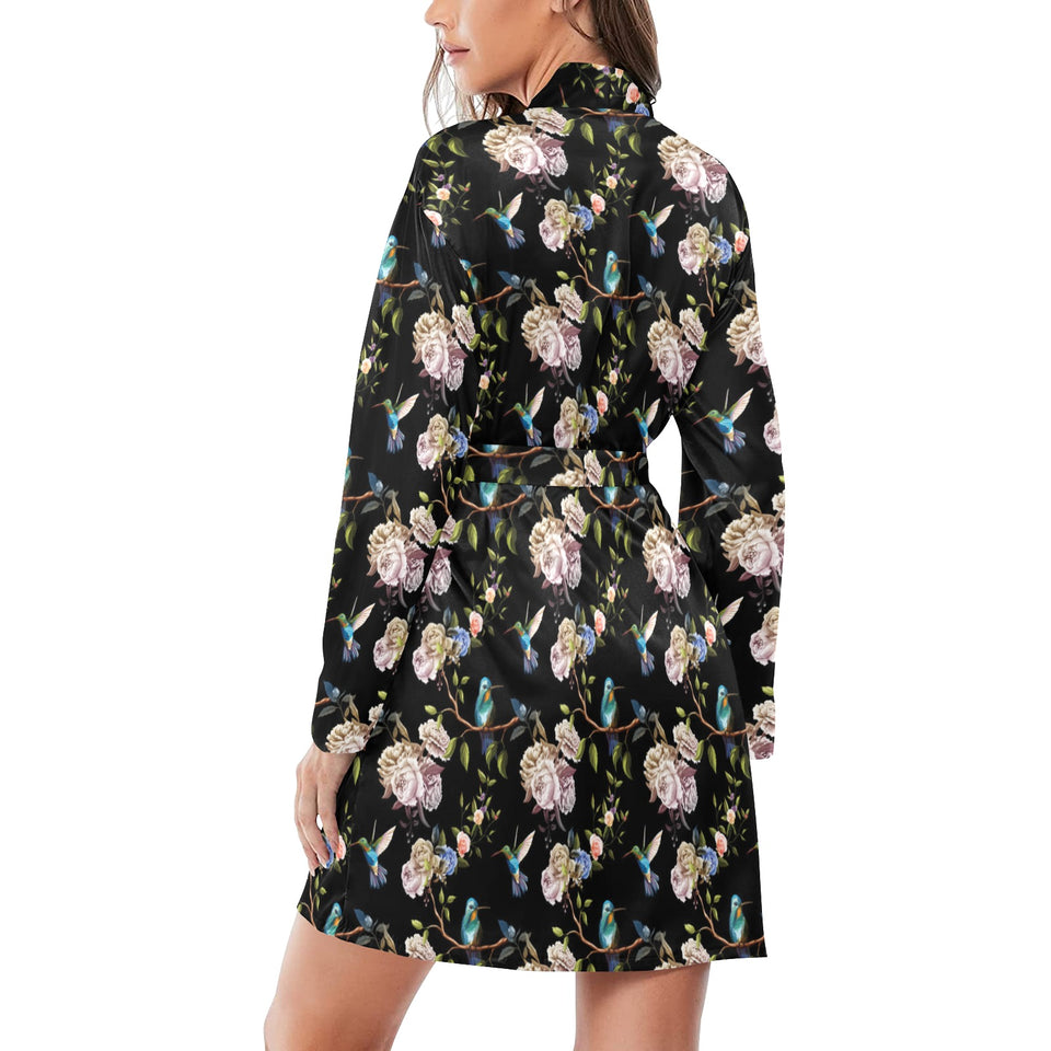 Hummingbird Pattern Print Design 03 Women's Long Sleeve Belted Night Robe