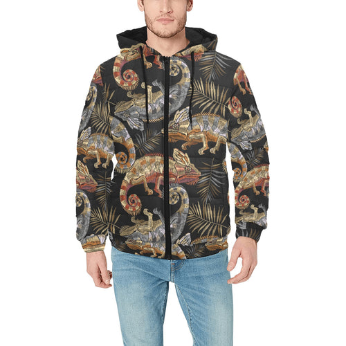 Chameleon lizard tropical leaves palm tree Men's Padded Hooded Jacket
