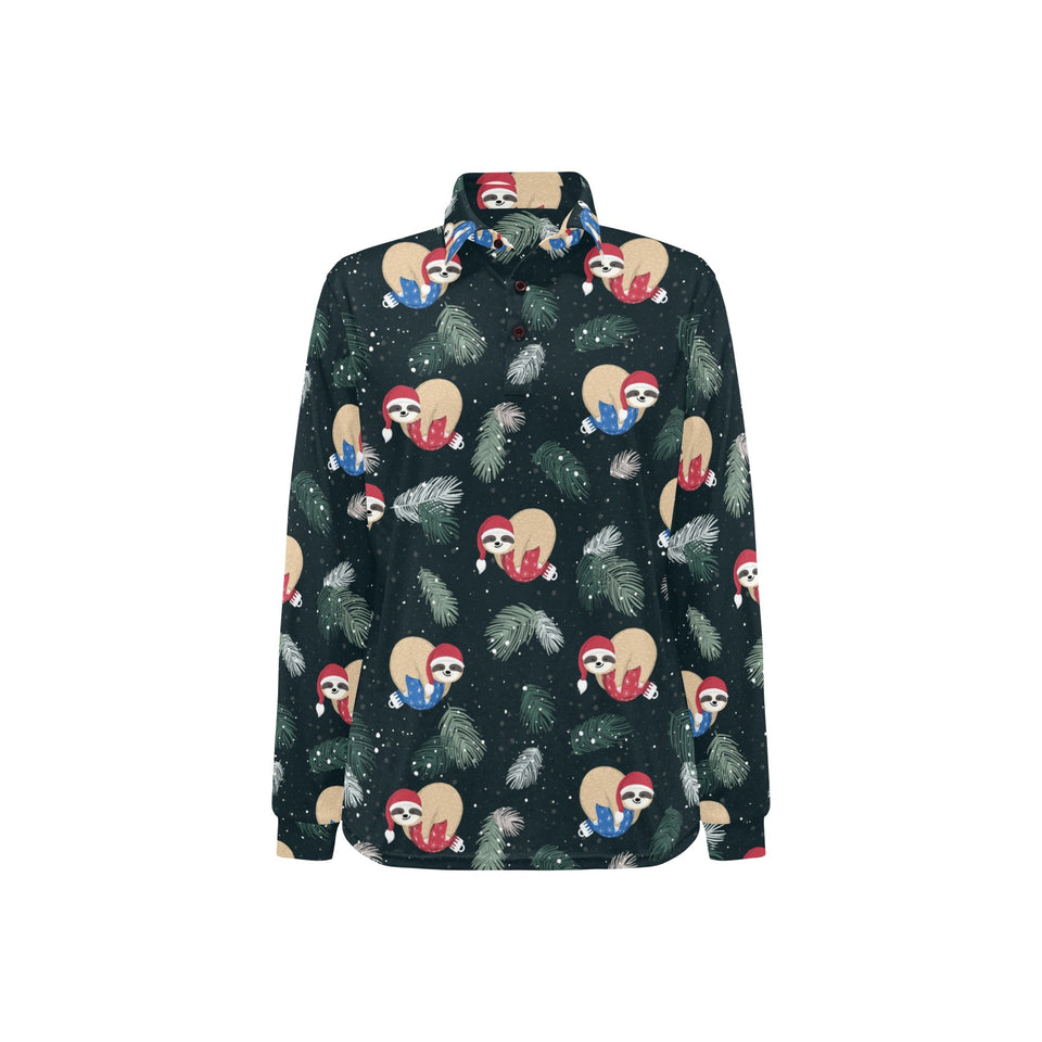 Cute sloths sleeping christmas ball santa hat patt Women's Long Sleeve Polo Shirt