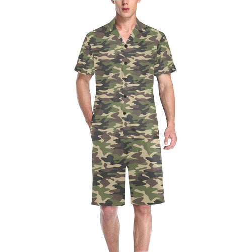 Dark Green camouflage pattern Men's V-Neck Short Pajama Set