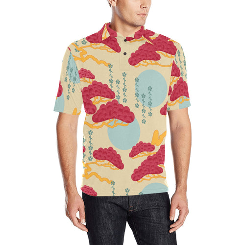 Red Bonsai gray sun japanese pattern Men's All Over Print Polo Shirt