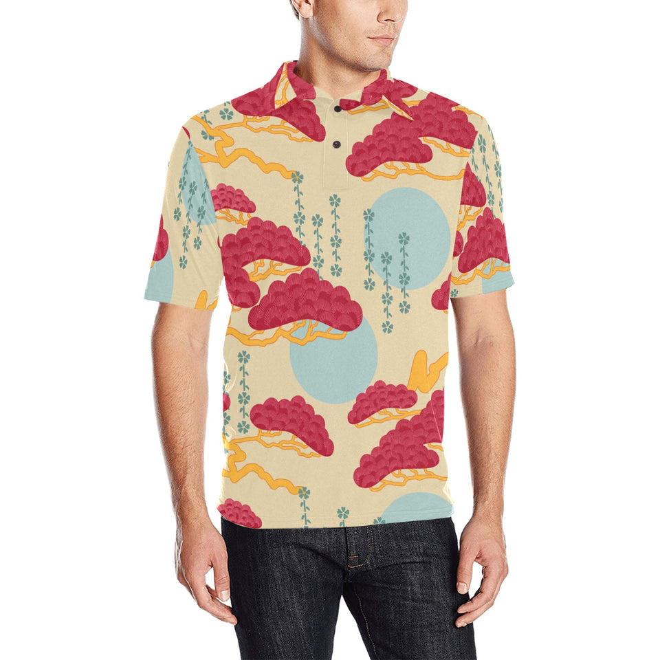 Red Bonsai gray sun japanese pattern Men's All Over Print Polo Shirt
