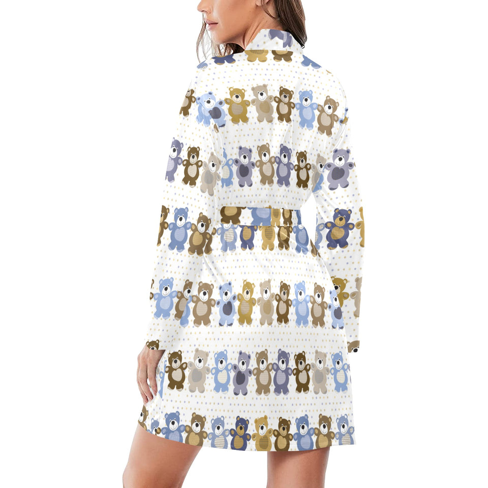 Teddy Bear Pattern Print Design 02 Women's Long Sleeve Belted Night Robe