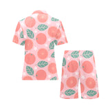 Grapefruit leaves flower pink background Men's V-Neck Short Pajama Set