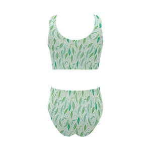 Green Peas Pattern Print Design 01 Chest Bowknot High Waisted Bikini Swimsuit