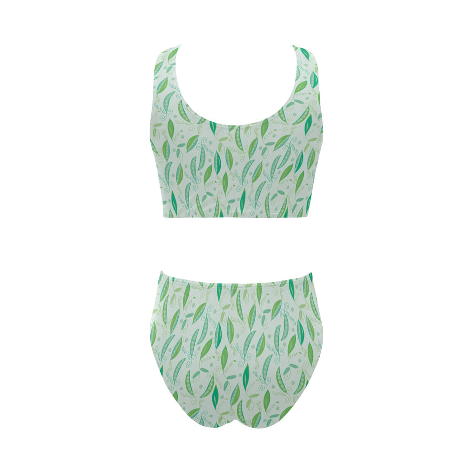 Green Peas Pattern Print Design 01 Chest Bowknot High Waisted Bikini Swimsuit