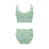 Green Peas Pattern Print Design 01 Chest Bowknot High Waisted Bikini Swimsuit