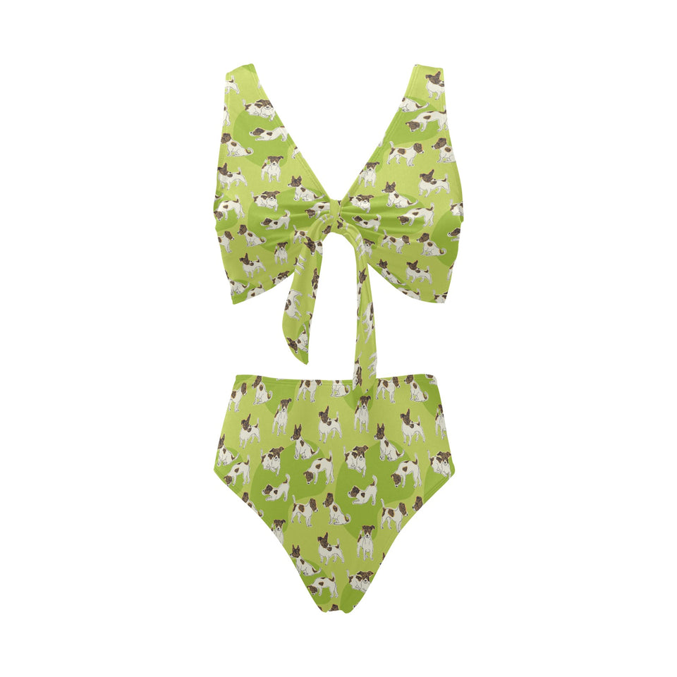Jack Russel Pattern Print Design 01 Chest Bowknot High Waisted Bikini Swimsuit