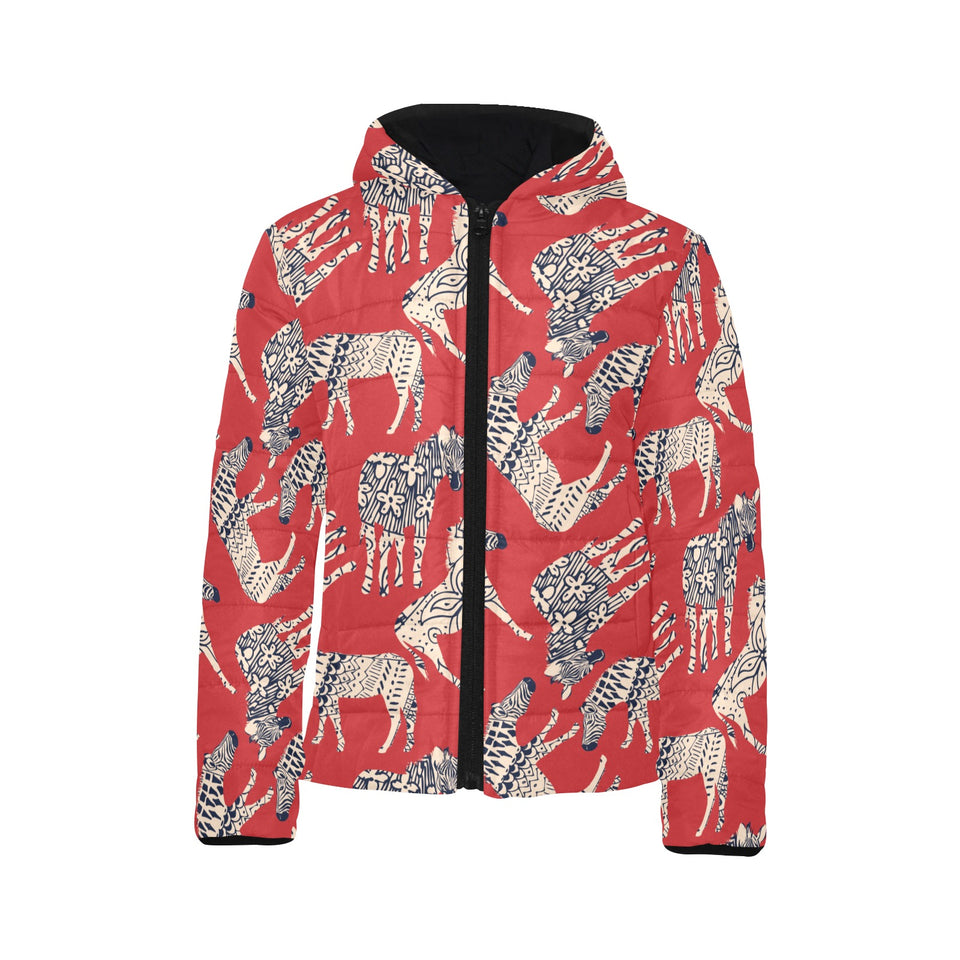 Zebra abstract red background Kids' Boys' Girls' Padded Hooded Jacket