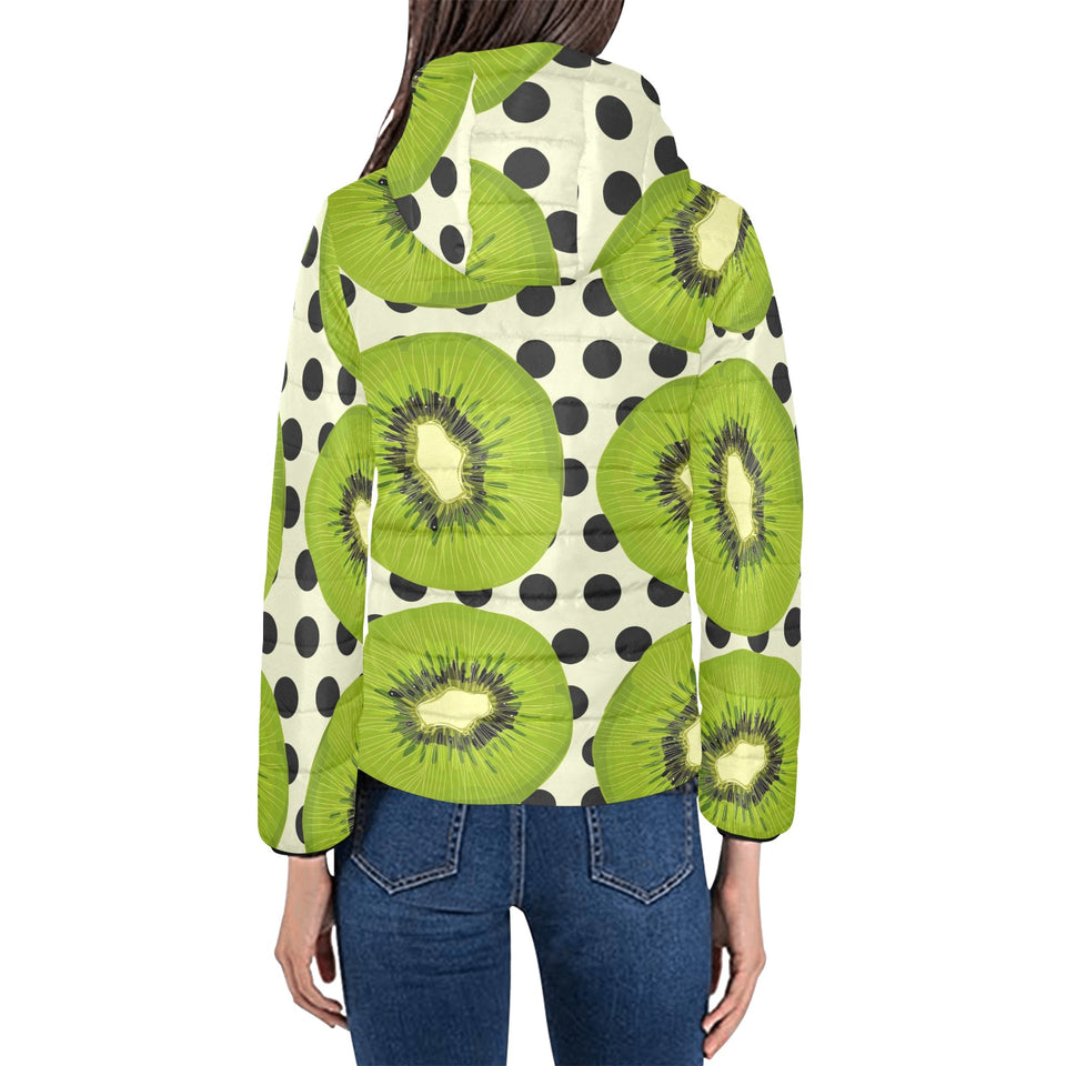 kiwi black dot background Women's Padded Hooded Jacket