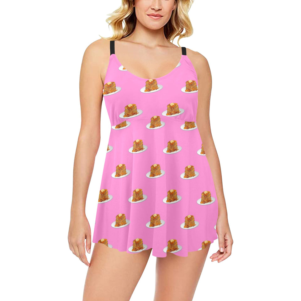 Pancake Pattern Print Design 04 Chest Sexy Pleated Two Piece Swim Dress