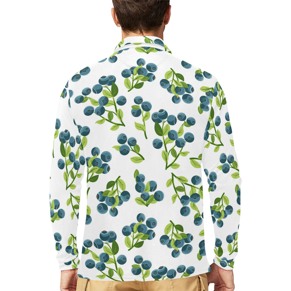 blueberry white background Men's Long Sleeve Polo Shirt