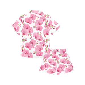 pink purple orchid pattern background Kids' Boys' Girls' V-Neck Short Pajama Set