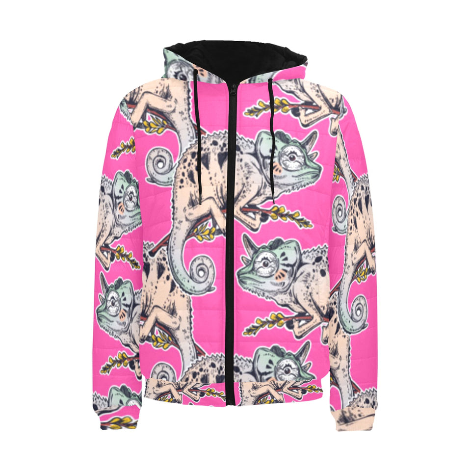 Chameleon lizard pattern pink background Men's Padded Hooded Jacket