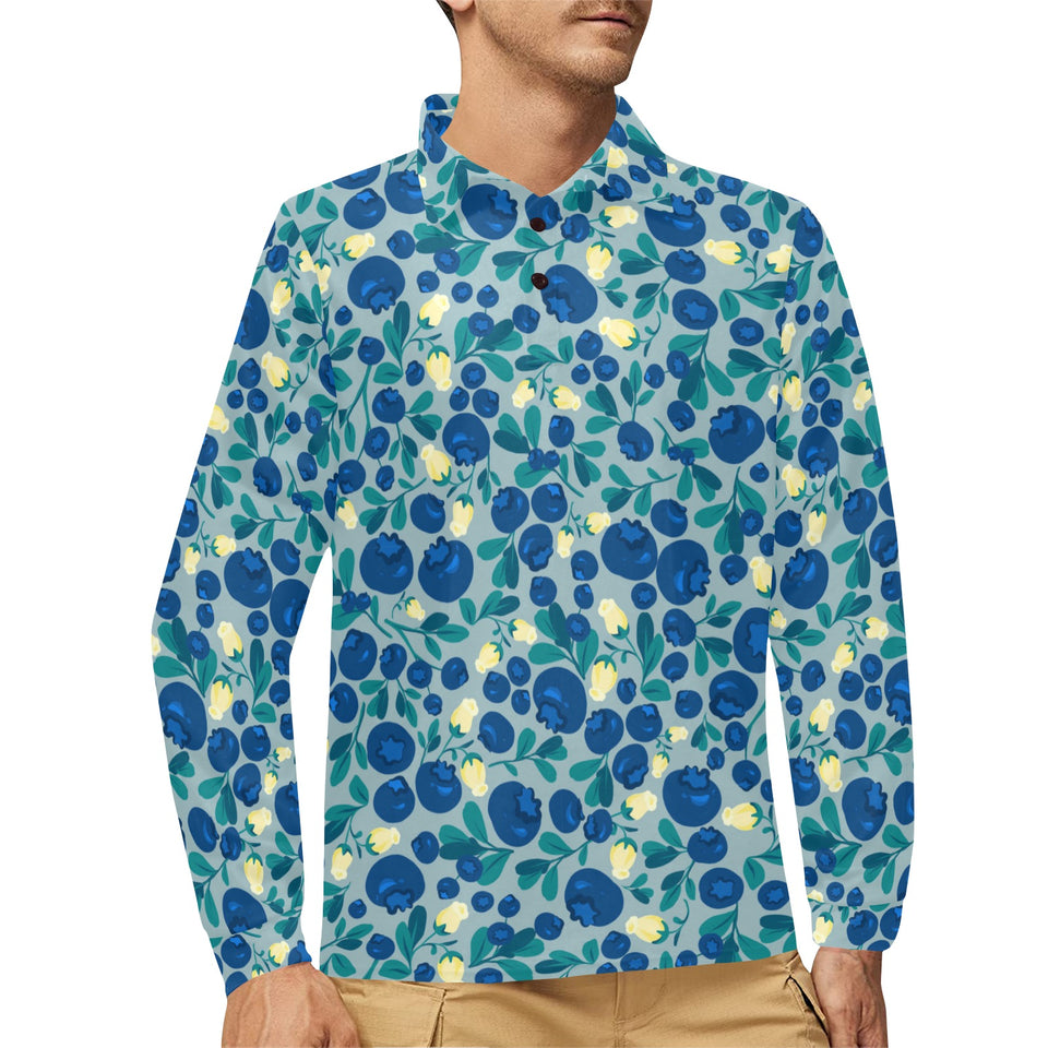 blueberry design pattern Men's Long Sleeve Polo Shirt