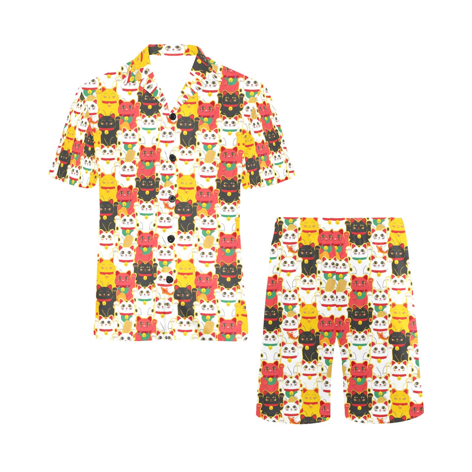 Colorful Maneki neko cat pattern Men's V-Neck Short Pajama Set