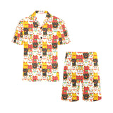 Colorful Maneki neko cat pattern Men's V-Neck Short Pajama Set