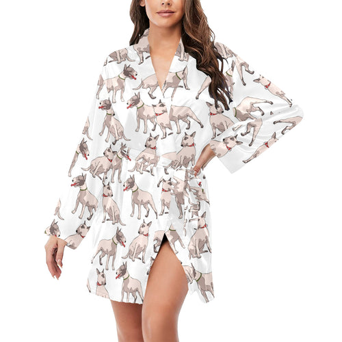 Bull Terrier Pattern Print Design 04 Women's Long Sleeve Belted Night Robe