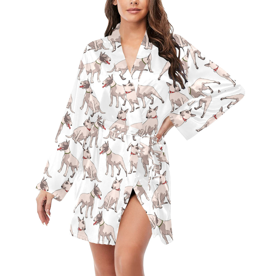 Bull Terrier Pattern Print Design 04 Women's Long Sleeve Belted Night Robe