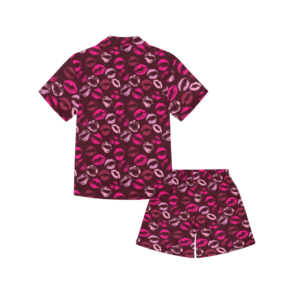 Lips Pattern Print Design 03 Kids' Boys' Girls' V-Neck Short Pajama Set