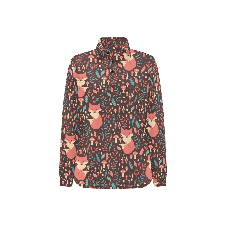 fox leaves mushroom pattern Women's Long Sleeve Polo Shirt