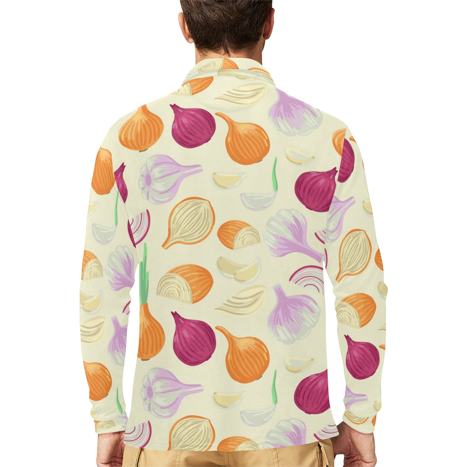 Onion garlic white red pattern Men's Long Sleeve Polo Shirt