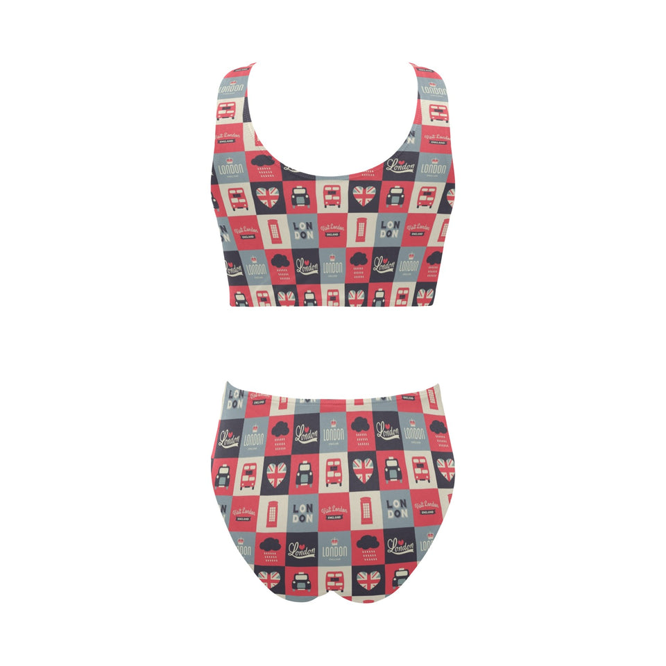 British Pattern Print Design 05 Chest Bowknot High Waisted Bikini Swimsuit