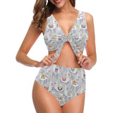 Cute Llama Alpaca pattern Chest Bowknot High Waisted Bikini Swimsuit