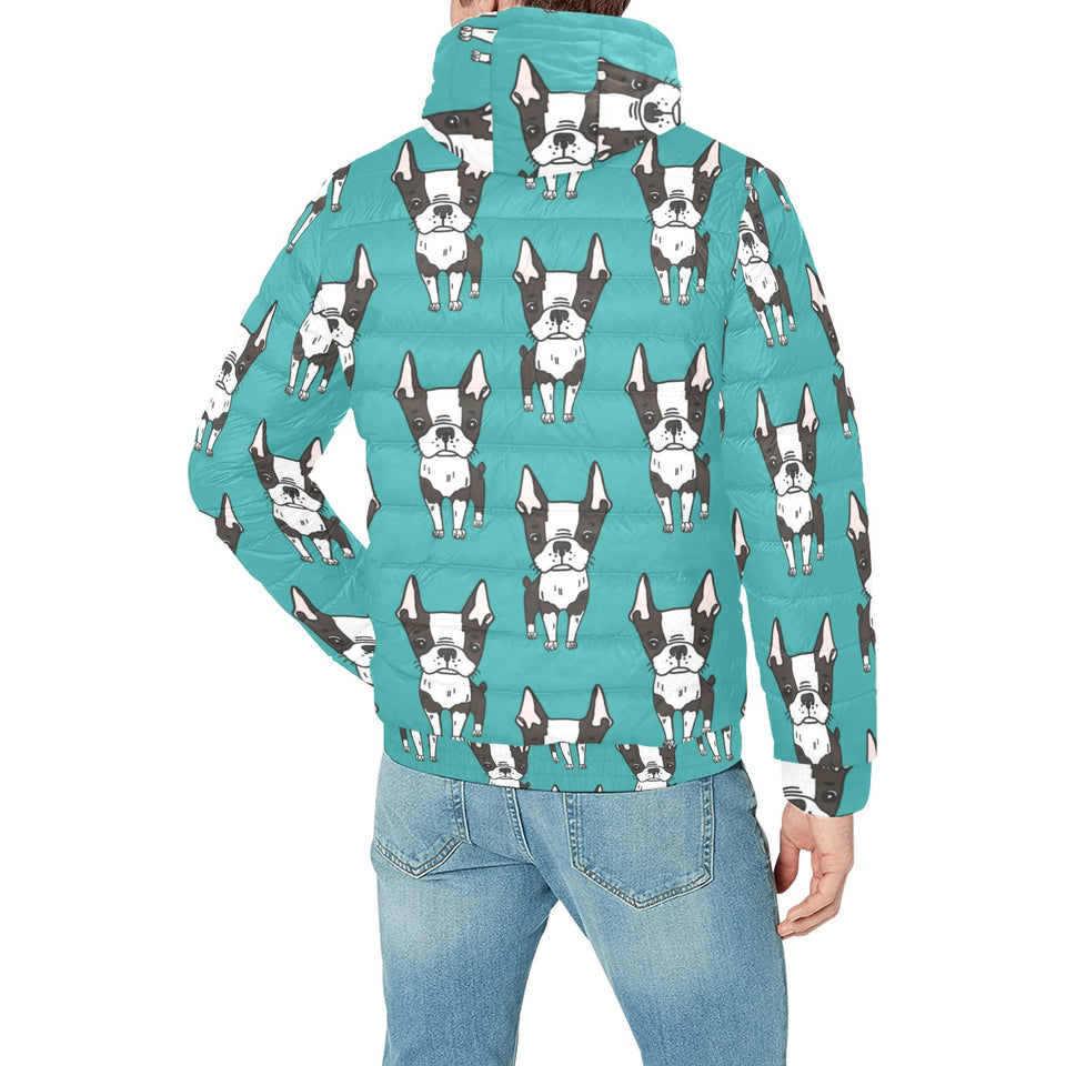 Hand drawn boston terrier dog pattern Men's Padded Hooded Jacket