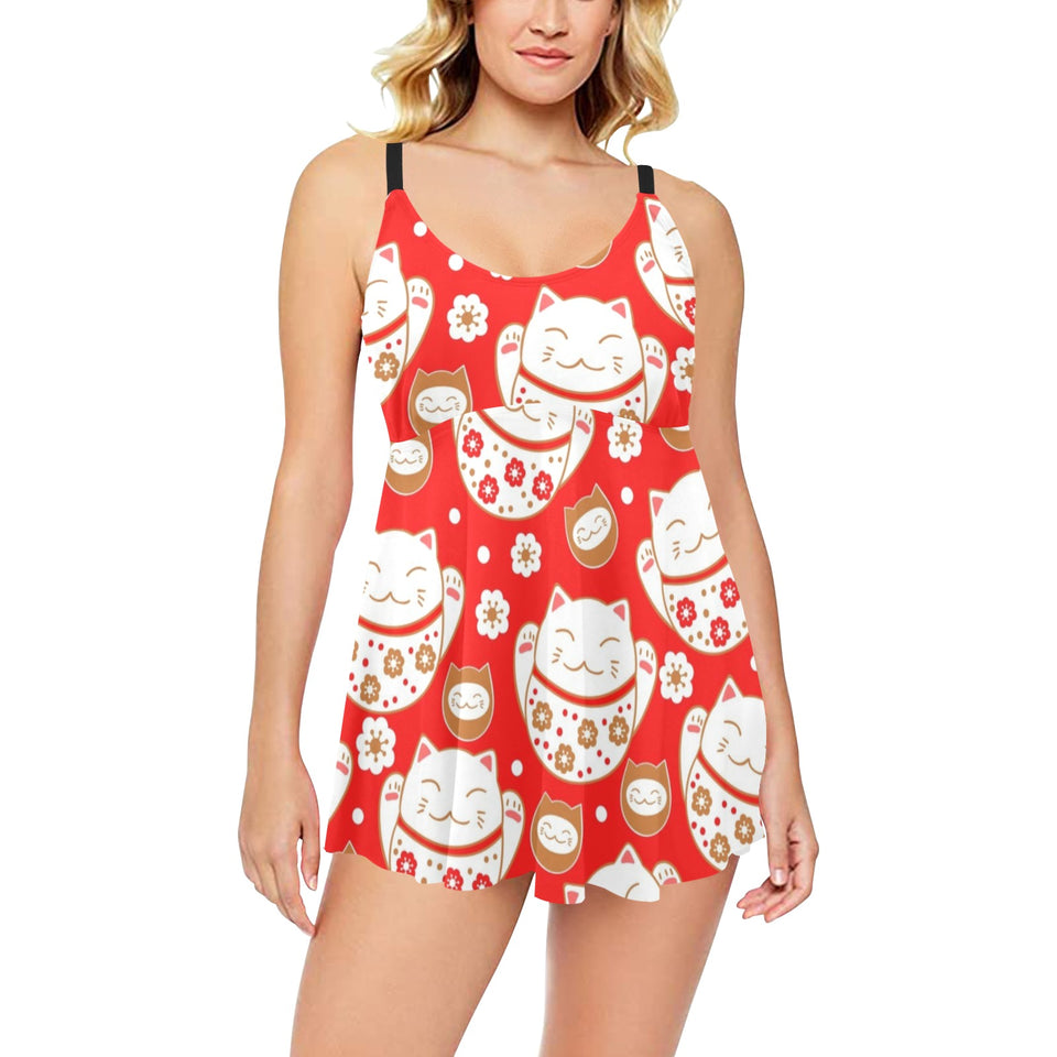 Cute Maneki neko cat red background Chest Sexy Pleated Two Piece Swim Dress
