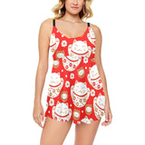 Cute Maneki neko cat red background Chest Sexy Pleated Two Piece Swim Dress