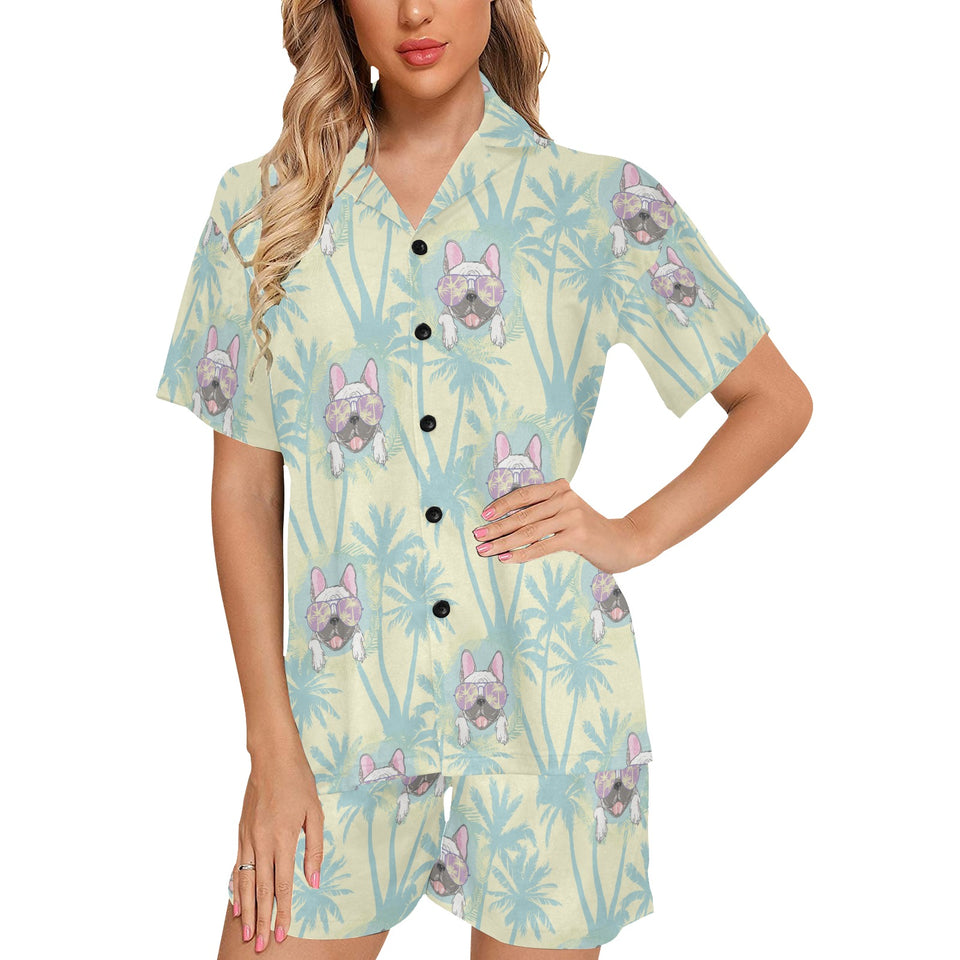 French bulldog hawaii blackground Women's V-Neck Short Pajama Set