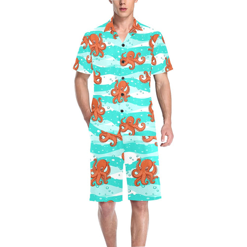 Octopuses sea wave background Men's V-Neck Short Pajama Set
