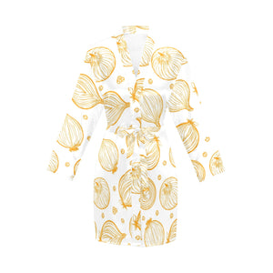 hand drawn onion pattern Women's Long Sleeve Belted Night Robe