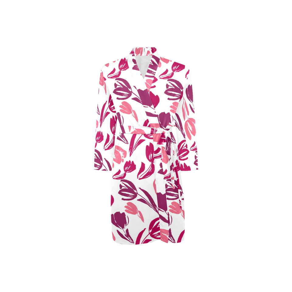 pink sketch tulip pattern Men's Long Sleeve Belted Night Robe