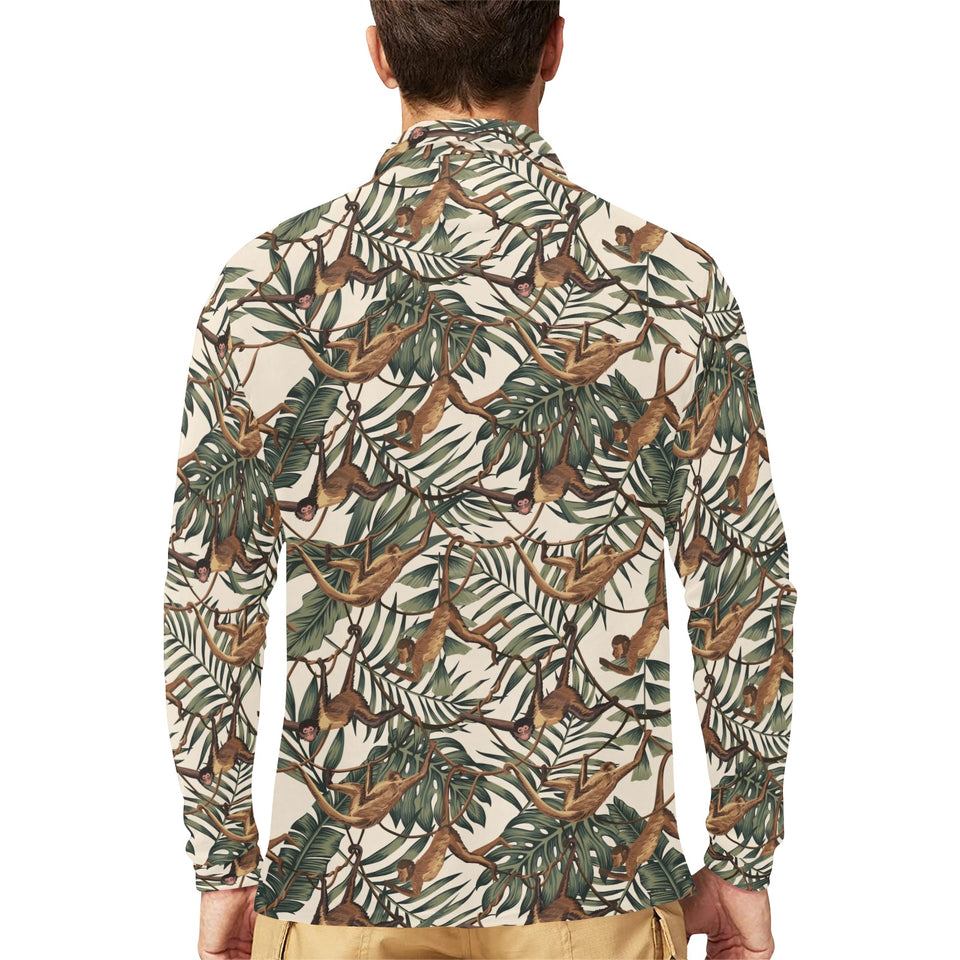 Monkey tropical leaves background Men's Long Sleeve Polo Shirt