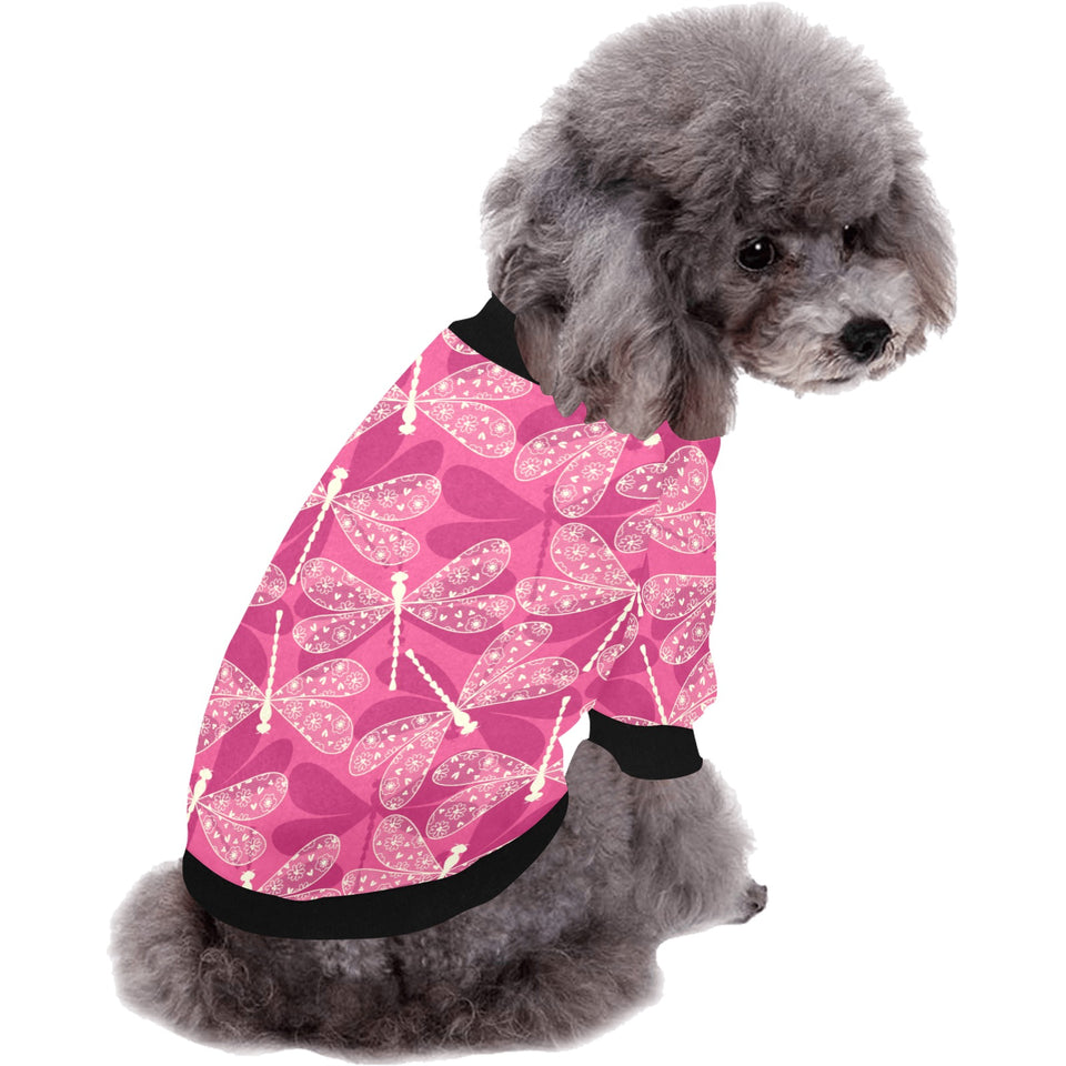 Beautiful dragonfly pink background All Over Print Pet Dog Round Neck Fuzzy Shirt