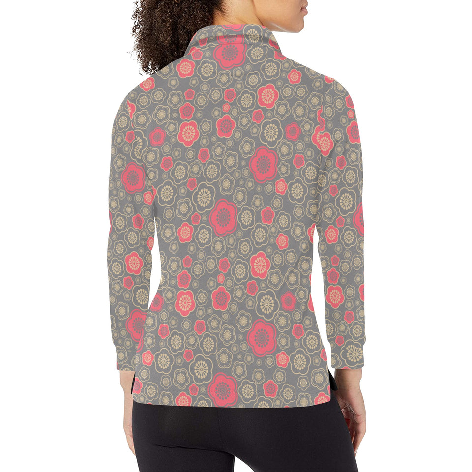 Red gold Sakura cherry blossom gray background Women's Long Sleeve Polo Shirt