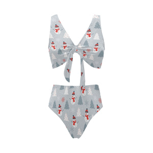 Snowman christmas tree snow gray background Chest Bowknot High Waisted Bikini Swimsuit