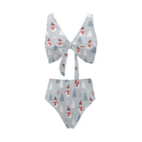 Snowman christmas tree snow gray background Chest Bowknot High Waisted Bikini Swimsuit