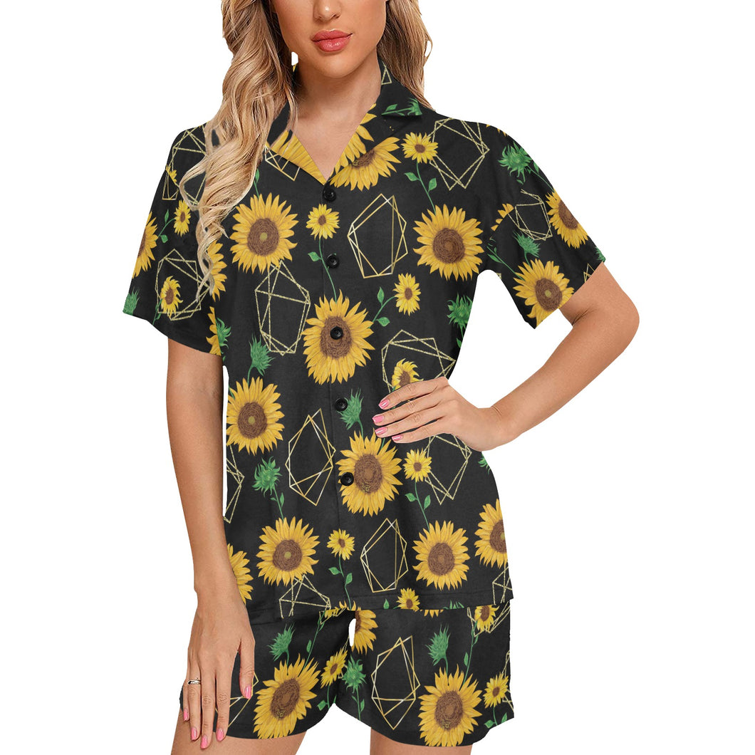 sunflower golden polygonal shapes Women's V-Neck Short Pajama Set
