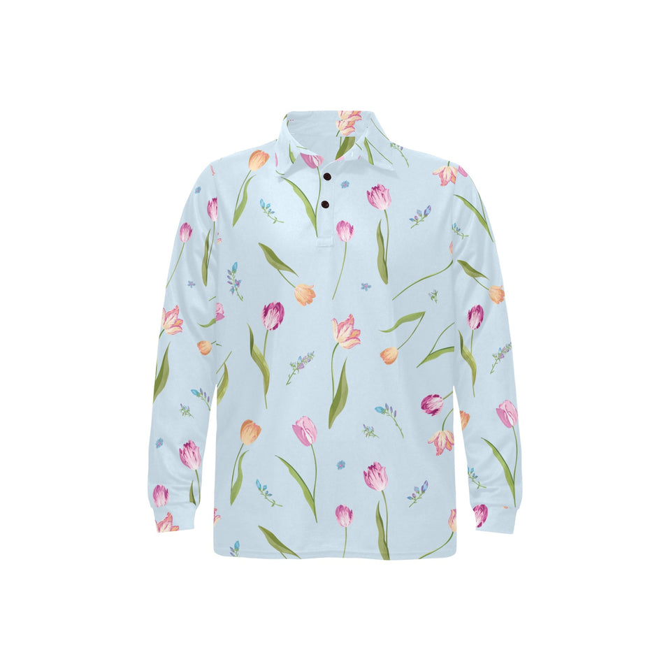 Watercolor Tulips pattern Men's Long Sleeve Polo Shirt