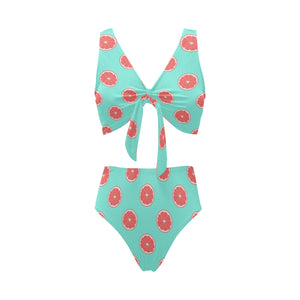 Grapefruit green background Chest Bowknot High Waisted Bikini Swimsuit