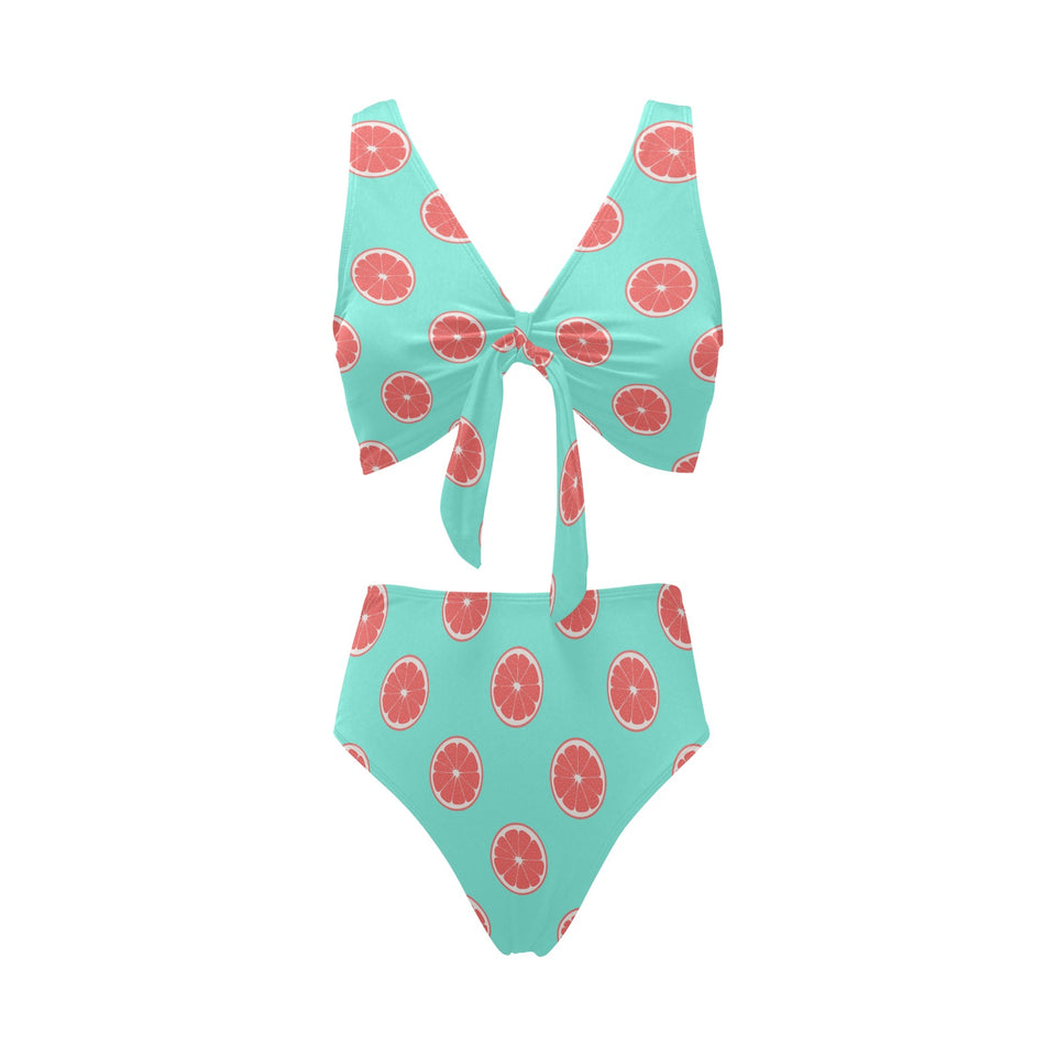 Grapefruit green background Chest Bowknot High Waisted Bikini Swimsuit